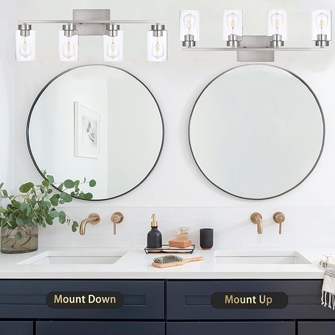 4 Light Bathroom Vanity Light Fixtures, Brush Nickel Modern Wall Lights with Clear Glass Shade, Vintage Wall Sconce Lighting for Living Room, Mirror, Bedroom, Hallway (Nickel, 4-Lights)