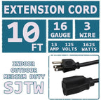 Indoor Outdoor Extension Cord 10 FT Waterproof, 16/3 Gauge Heavy Duty Black Extension Cords, 13A 1625W SJTW Extension Cord with 3 Prong Grounded Plug, Great for Tools, Lights, UL Listed, 2PK