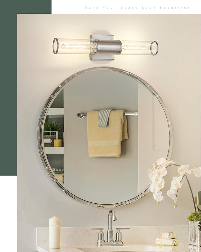 Bathroom Light Fixtures, Brushed Nickel Vanity Lights Over Mirror with Cleae Glass Shade, 2-Light Modern Wall Sconces Up and Down Wall Lamp for Bathroom Bedroom Hallway, VL834-BN-CH