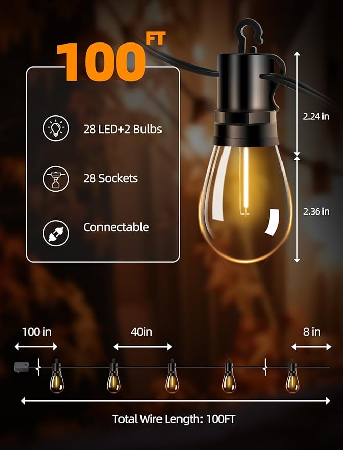 Outdoor Patio String Lights: S14 Shatterproof Bulb Outside Waterproof Light - 100Ft 30M Remote Dimmable Connectable Hanging Outdoor Electric Lighting - Garden Backyard Yard Gazebo Porch Party