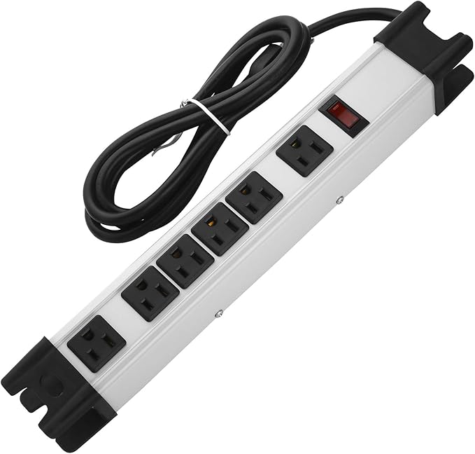 Heavy Duty Power Strip Surge Protector - 6 Outlet Industrial Strip with 15A, 25 FT Cord, 1200 Joules - ETL Listed Grey Metal for Shop, Workshop, Garden