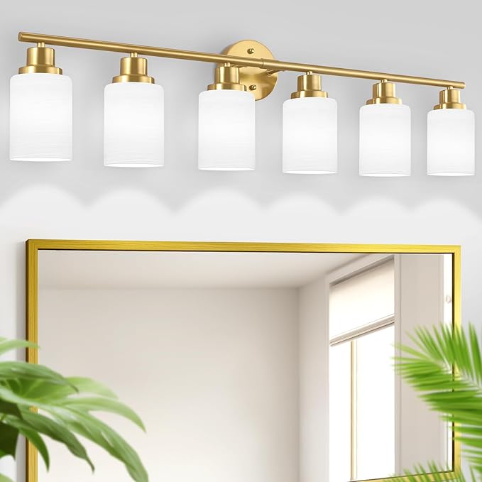 6-Light Vanity Lights, Brushed Gold Bathroom Light Fixture with Striped Textured Milky White Glass Shade, E26 Wall Sconce, Modern Vanity Lighting Fixture for Bathroom Wall Light Over Mirror