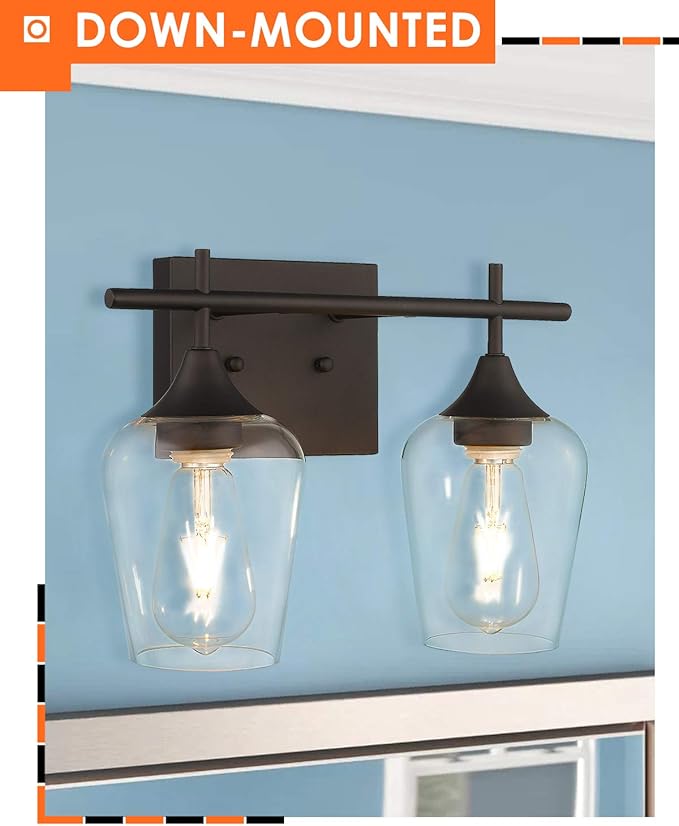 Oil Rubbed Bronze Bathroom Light Fixture, 2 Lights Bathroom Vanity Lights Over Mirror with Clear Glass, Farmhouse Bath Wall Sconce Light, WL9167-2A