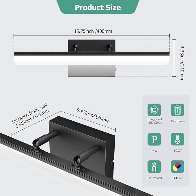15.7" Black LED Bathroom Vanity Light 5CCT–Dimmable Wall Mount Fixture with Adjustable Angle, Modern Lighting for Powder Room, Vanity Mirror Home & Apartment Use