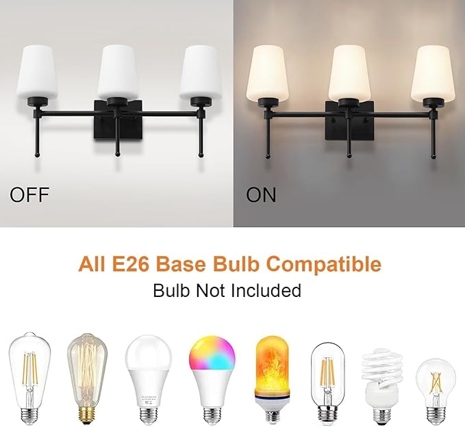 Bathroom Vanity Light Fixtures Brushed Black Over Mirror with Milk Glass Shade Wall Sconce Lighting Lamp Bath 3-Lights (Exclude E26 Bulb)