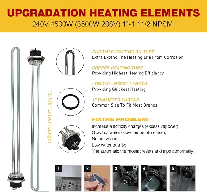 EWH-05 Electric Water Heater Element Kit,Include TWO 4500W/240V Water Heater Elements,Lower Thermostat & Upper Thermostat,Quick Change Tool,Two Protective Covers and Wrench Replacing Tools
