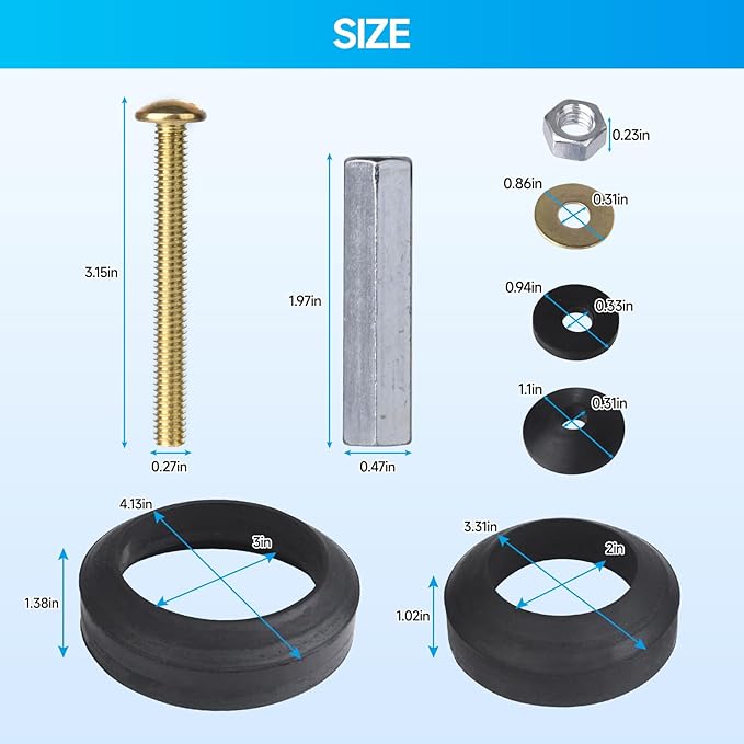 Toilet Tank to Bowl Gasket Kit with 3 Sets of 304 Stainless Steel Bolts, Includes 2-Inch & 3-Inch Toilet Seal Gaskets, Universal Repair Kit for 2-Piece Toilets, Leak Fix Kit
