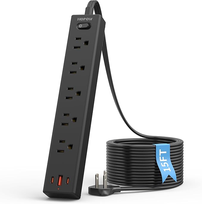 Flat Plug Power Strip, 15FT Ultra Thin Flat Extension Cord, Surge Protector with 5 Outlets & 3 USB Ports (2 USB C), 1700 Joules, 3-Prong, Wall Mount for Home Office Dorm, Black