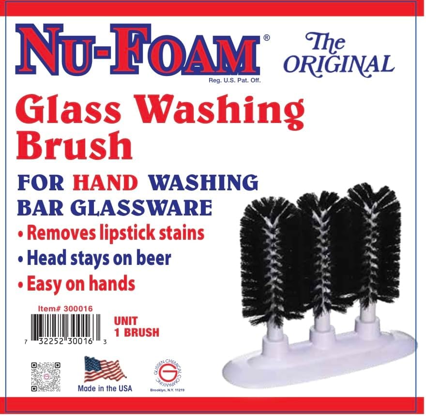 Nu-Foam Triple Glass Washing Brush, Bar Glassware Cleaner with Base, 3 Brushes, Black and White