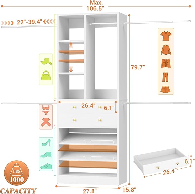Closet System, 4.2–8.8 FT Closet Organizer with 2 Wooden Drawers and Shelves, Walk-in Closet System with 5 Hang Rods, Built-in Reach in Closet Tower, Can Fit 60 to 96 inch, White