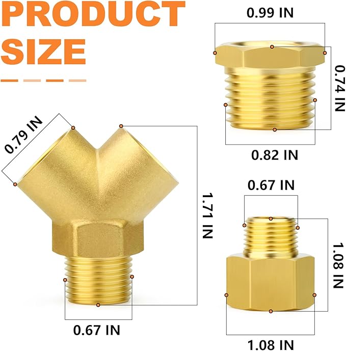 GASHER 2PCS Brass Pipe Fitting Male Branch Tee Y Adapter 1/2" NPT Female x 1/2" NPT Female x 1/2" NPT Male