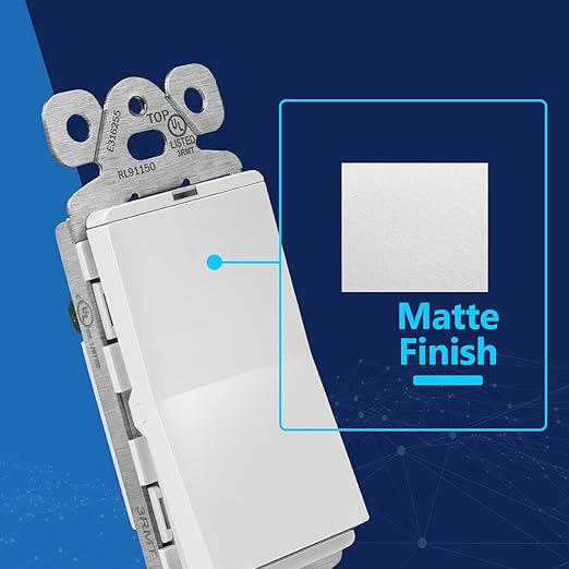 LIDER Minimalist Design Matte Finish Lighted Decorator Switch, Single Pole Frameless Paddle Light Switch with Locator Light, Grounding Screw, 15A 125V, UL Listed, LS15-1P-W, White