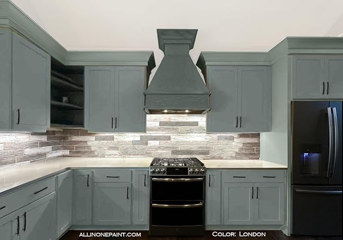 ALL-IN-ONE Paint, Durable cabinet and furniture paint. Built in primer and top coat, no sanding needed. Includes our 30 featured color card - London (green gray), Gallon