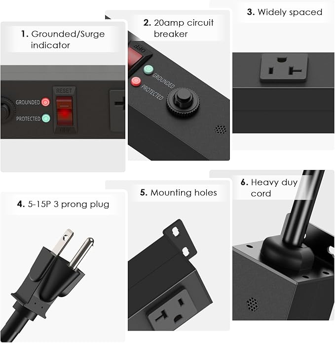 JUNNUJ Long Metal 16 Outlet Power Strip, Heavy Duty Power Strips Surge Protection 4800J with Circuit Breaker, 20a Wide Spaced Socket Wall Mount 5-15P Adapter High Amp 6-20R T-Slot 4FT Extension Cord