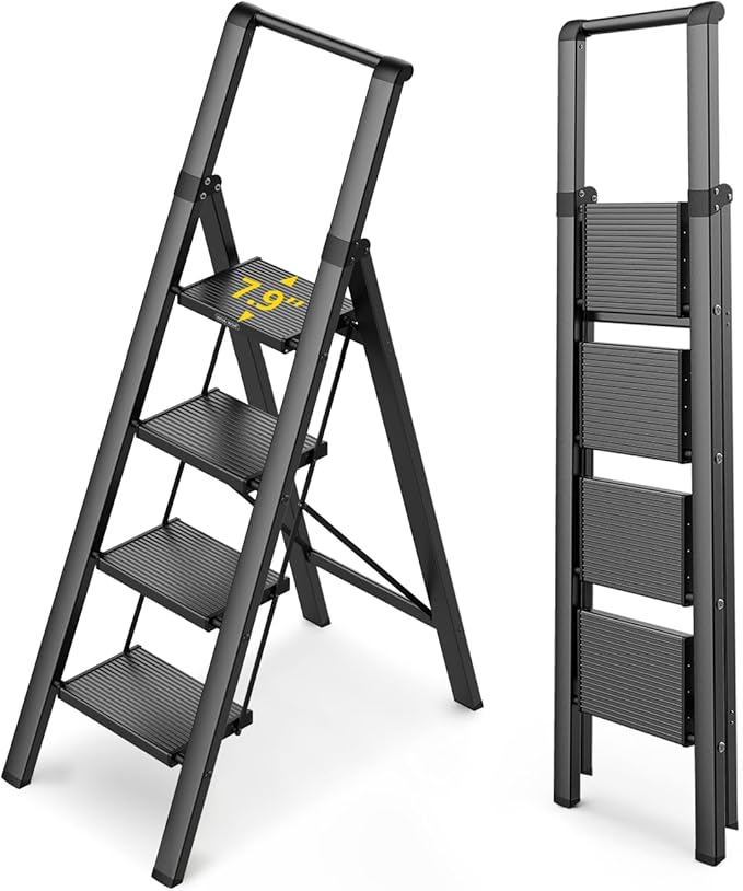 WOA WOA 4 Step Ladder for 10 Feet High Ceiling, Lightweight Foldable Ladder with Non-Slip Wide Pedals, Step Stool with Safe Handrail, Space Saving for Home, Kitchen, Indoor & Outdoor 300lbs - Black