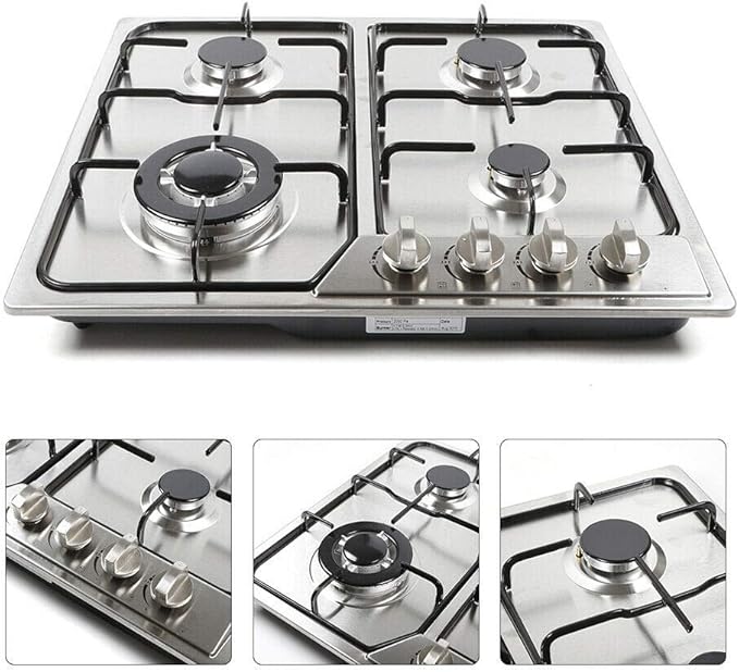 4 Burners Built in Gas Stovetop Cooker Gas Range Portable Stainless Steel Cooktop LPG/NG Dual Fuel Cast Iron Grate Gas Stove Kitchen Cooking Stove for Home RV Outdoor Apartment Silver(22.83x20.47Inch)