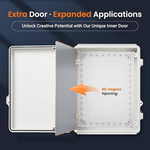 QILIPSU Waterproof Junction Box IP67 Outdoor Plastic Electrical Project Enclosure Weatherproof with Inner Door, Mounting Plate, Wall Brackets, Hinged Grey Cover 14.6"x10.6"x5.9" -D