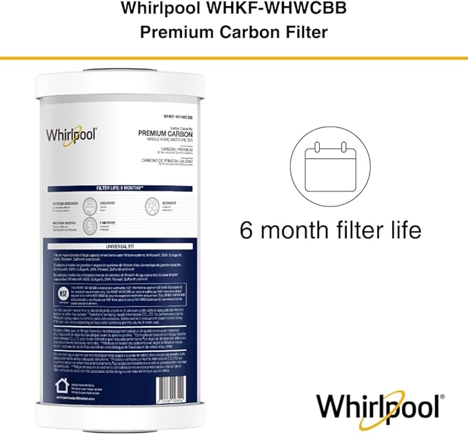 Whirlpool 10" x 4.5" Premium Carbon Water Filter WHKF-WHWCBB, NSF Certified 5 Micron Reduces Chlorine and Sediment, 6-Month Life, Large Capacity Replacement Cartridge Fits Most Home Filter Housings