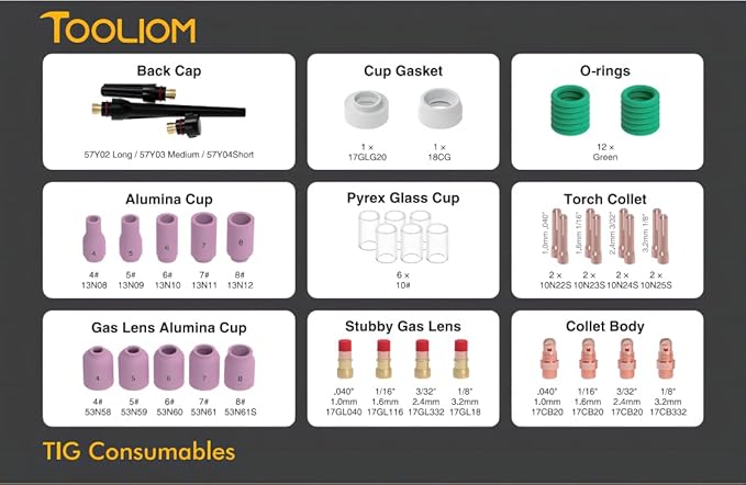 TOOLIOM 49PCS TIG Welding Torch Accessories Kit Stubby Gas Lens Glass Cup Ceramic Cup Back Cap Kit for WP-17/18/26