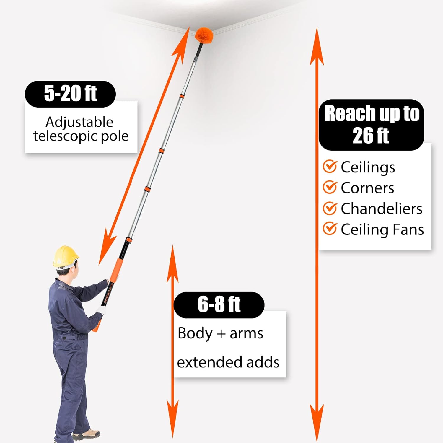 Buyplus 26FT Reach Cobweb Duster, Outdoor Spider Web Cleaner Brush with Professional 5-20FT Extension Pole, Non-Shedding Fluffy Bristles, Suitable for Ceiling and Corner Dusters for Indoor and Outdoor