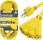 K KASONIC - 50 Ft Extension Cord with 3 Outlets, UL Listed 16/3 SJTW 3-Wire Grounded, 13A 125V 1625W for Indoor/Outdoor Use - Yellow