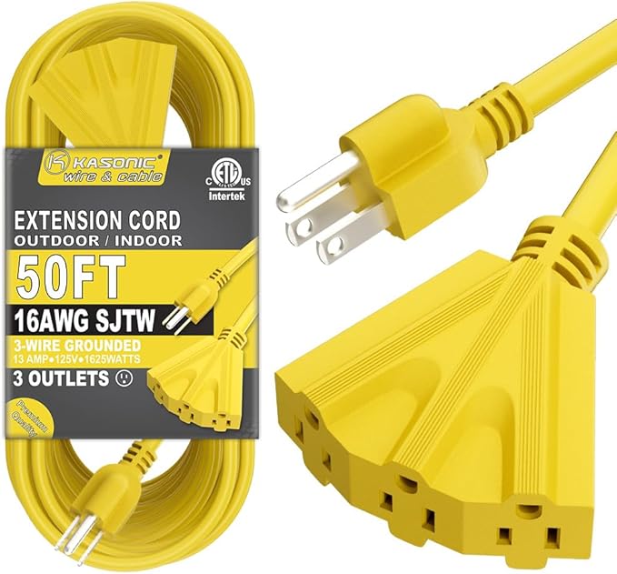K KASONIC - 50 Ft Extension Cord with 3 Outlets, UL Listed 16/3 SJTW 3-Wire Grounded, 13A 125V 1625W for Indoor/Outdoor Use - Yellow