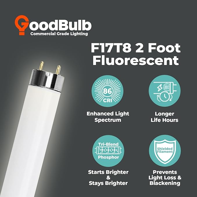 GoodBulb 17-Watt 24 Inch T8 Fluorescent Light Bulb 4100K Cool White Light Color Medium Bi-Pin Base 1400 Lumens 86 CRI 36000 Life Hours Instant/Programmed Start Pack of 25 Bulbs