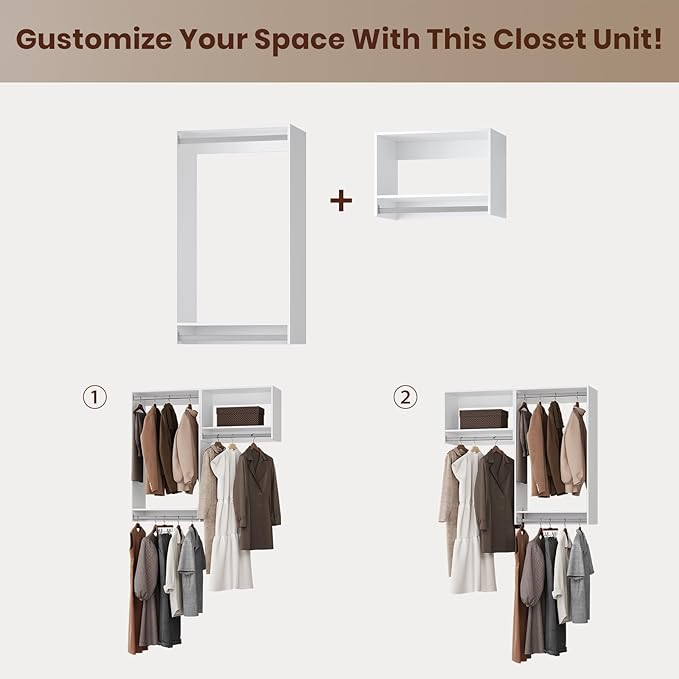 ROOMTEC Modular Closet System, 46" Wall-Mounted Closet Organizer with Hanging Rods, Wooden Tower for Walk-In Closets, Wardrobe Storage Kit, White