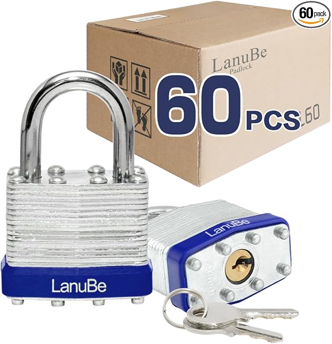 LanuBe Lock Laminated keyed Padlock (1-9/16", 40mm), keyed Alike Locks, Normal Shackle,Marked Blue Plastic Hoop, Pack of 60…