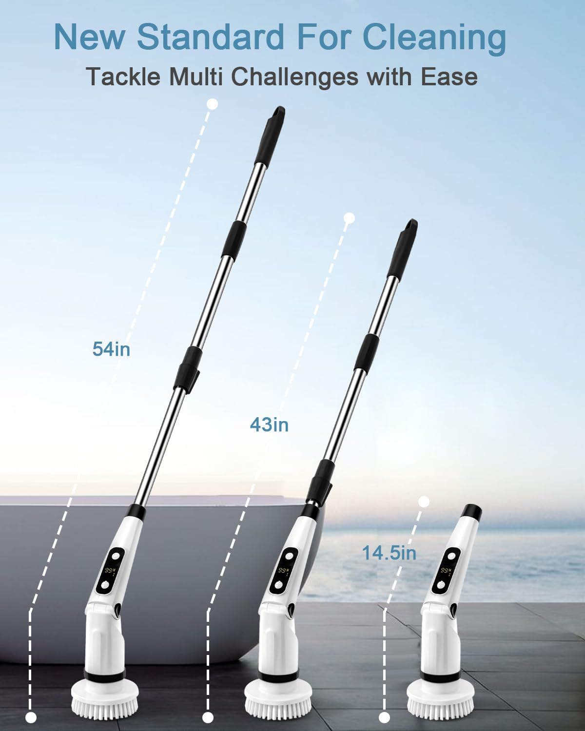 IEZFIX Electric Spin Scrubber, Bathroom Power Shower Scrubber Cleaning Brush for Tub/Tile/Floor/Toilet/Kitchen, 8 Cleaner Scrub Brush Heads, 3 Speeds 450RPM Max, Telescopic Rod Black