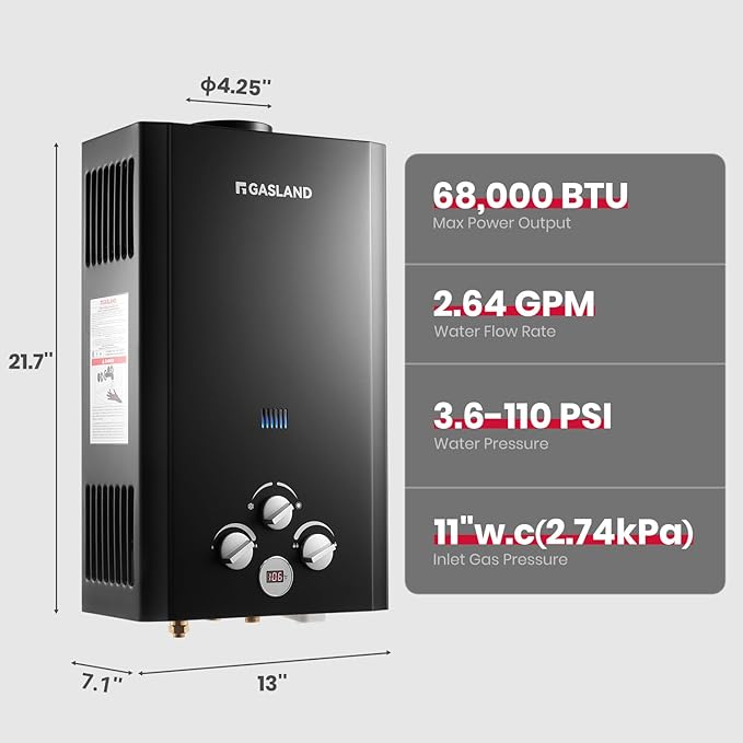 GASLAND 2.64GPM Propane Tankless Water Heater Outdoor 10L - Portable Camping Hot Water Heater, Overheating Protection, Easy to Install - Use for RV, Cabin, Barn, Camping, Boat (Black)