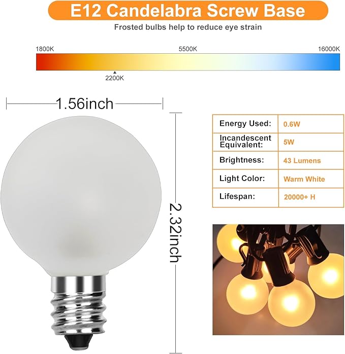 25 Pack G40 Frosted Replacement Bulbs, 5W Globe Light Bulbs Fits E12 Candelabra Base, Glass Incandescent Bulbs for Outdoor Patio String Lights, 2200K Warm White