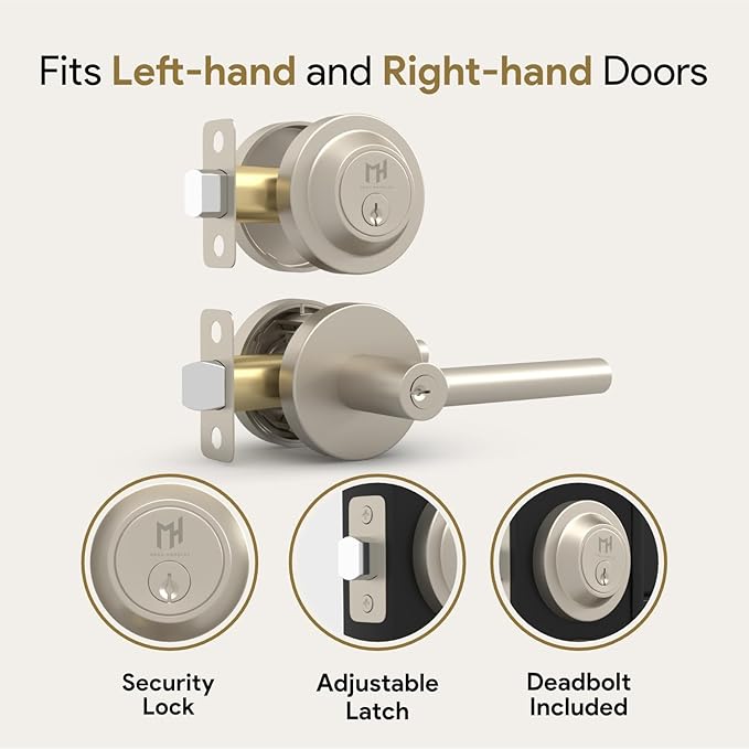 Mega Handles Ronn Entry Door Handle & Deadbolt Lock - 2 Pack Reversible Heavy Duty Brushed Nickel Door Handles & Deadbolt for Interior/Exterior Doors, Fits All Standard Doors - Satin Nickel