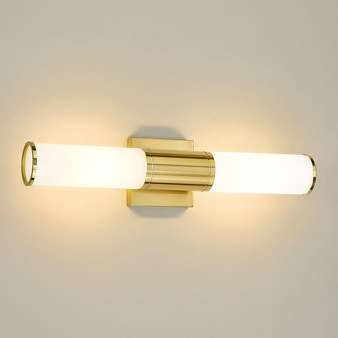 Bathroom Light Fixtures, 2-Light Vanity Lights for Mirror with Milk Glass Shade, Brushed Gold Wall Sconces Up and Down Wall Lamp for Bathroom Bedroom Hallway, VL834-BG-ML