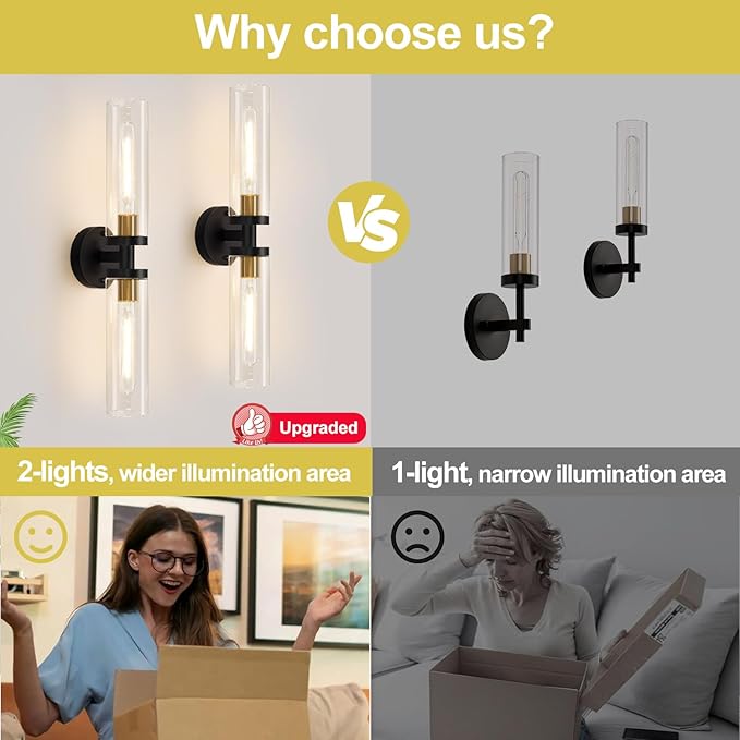 2 Pack 22-Inch Gold and Black Wall Sconces Set of Two, 22" Vanity Lights for Bathroom with Clear Glass, Sconces Hardwired Black and Gold Bathroom Sconces Set of 2 for Mirror Living Room