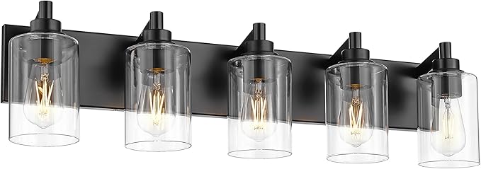 5-Light Bathroom Light Fixtures, 30 Inch Black Vanity Light with Cylinder Clear Glass Shade, Modern Vanity Lighting Fixtures Over Mirror, VL143-MB-5