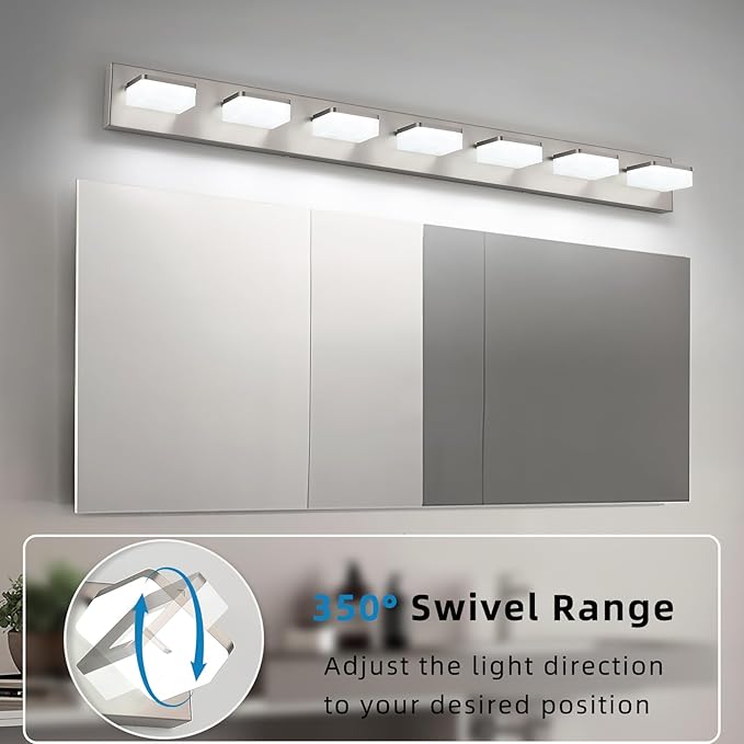 7-Light Bathroom Vanity Light Fixture Over Mirror, Nickel LED Vanity Lighting Fixtures, 45.67 inch Modern Bathroom Wall Light Fixtures with Rotating Lamp Head