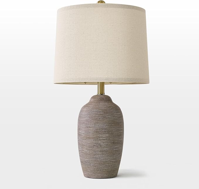 24.5" Handcrafted Ceramic Table Lamp - Single Farmhouse Vintage Rustic Bedside Lighting for Living Room, Bedroom, Entryway | Nightstand & End Table Decor with Linen Shade (Bulb Not Included)