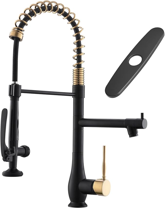 GIMILI Black and Gold Kitchen Faucet with Pull Down Sprayer Single Handle High Pressure Kitchen Sink Faucet Commercial Double-Headed Stainless Steel Kitchen Faucets