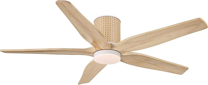54" Ceiling Fan with Light - Low Profile Flush Mount Ceiling Fan, 6-Speed Remote Control, Solid Wood, Quiet Reversible DC Motor, Wood/White Finish, for Bedroom, Living Room, Porch