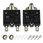 30A Manual Reset Push Button Circuit Breaker 125/250V AC 50V DC Thermal Overload Protector with Quick Connect Terminals and Waterproof Button Caps Assortment Kit(Pack of 2 pcs)