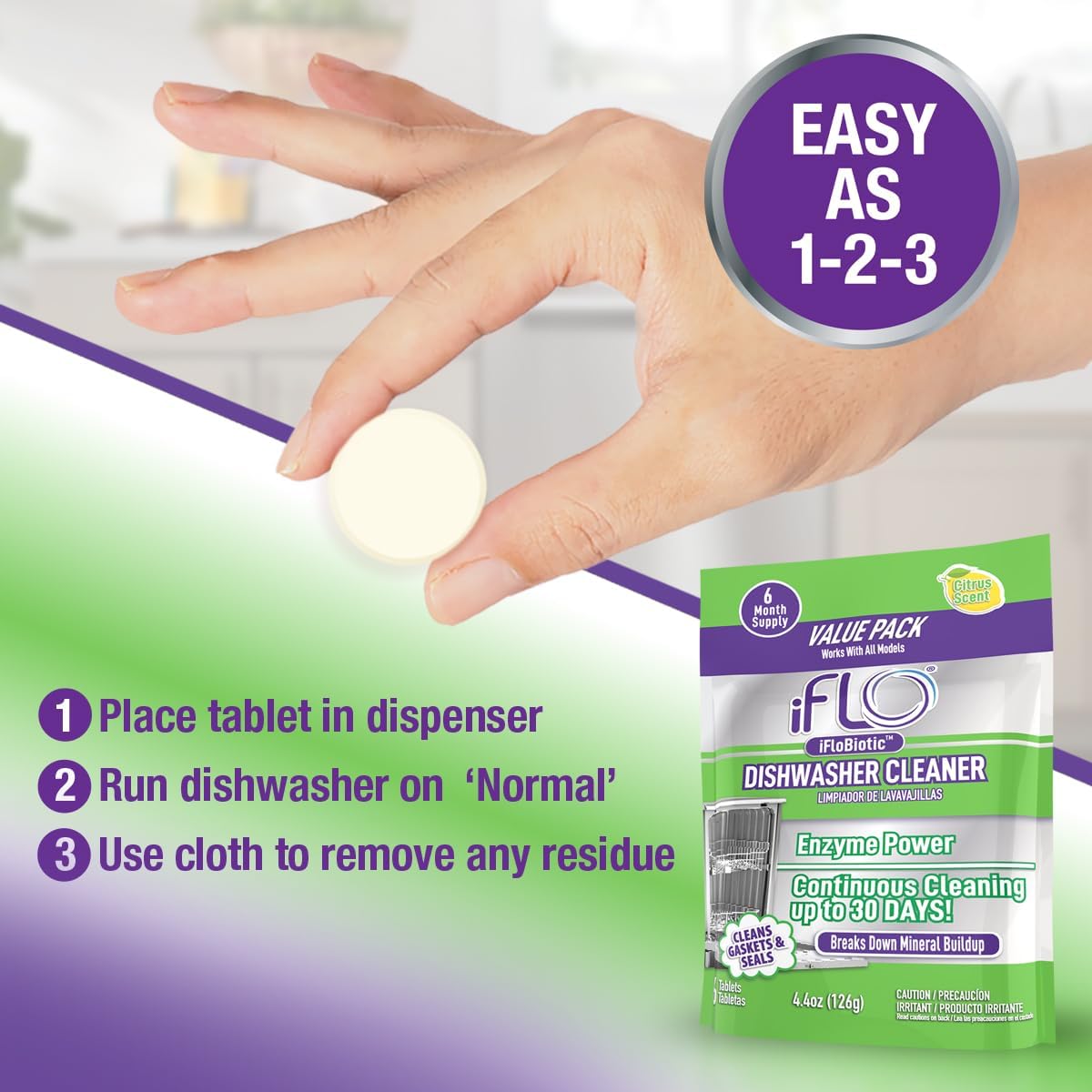iFLO Dishwasher Cleaner Tablets with iFLObiotic – Deep Cleaning Dishwasher and Deodorizer Tablets to Eliminate Dish Washer Odor, Remove Residue & Freshen Dish Washer Machine Cleaner, 6 Pack