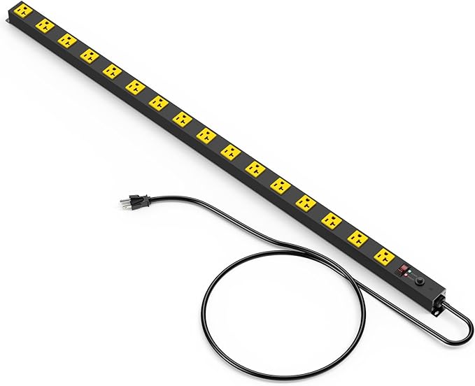 JUNNUJ Long Metal 16 Outlet Power Strip, Heavy Duty Power Strips Surge Protection 4800J with Circuit Breaker, 20a Wide Spaced Socket Wall Mount 5-15P Adapter High Amp 6-20R T-Slot 10FT Extension Cord