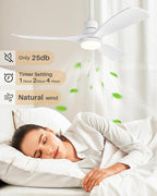 52 Inch Ceiling Fans with Lights Remote, White Ceiling Fans 3 Color Temperature, Timer, ETL Listed, 3 Downrods, 3 Blades, 6 Speed Modern Fan Quiet Reversible DC Motor for Patio Outdoor