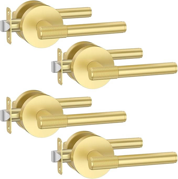 Asidrama 4 Pack Passage Gold Door Knob with Lock, Brushed Gold Door Handles Interior for Bedroom or Bathroom, Heavy Duty Door Lever with Reversible Interior Door Handle for Left Right Sided Doors