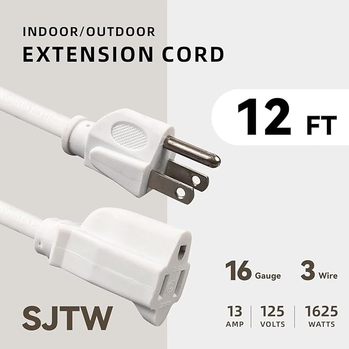 12ft Outdoor Extension Cord - 16/3 Heavy Duty SJTW Waterproof White Electrical Cable with 3 Prong Grounded Plug for Safety, Great for Lawn and Major Appliances