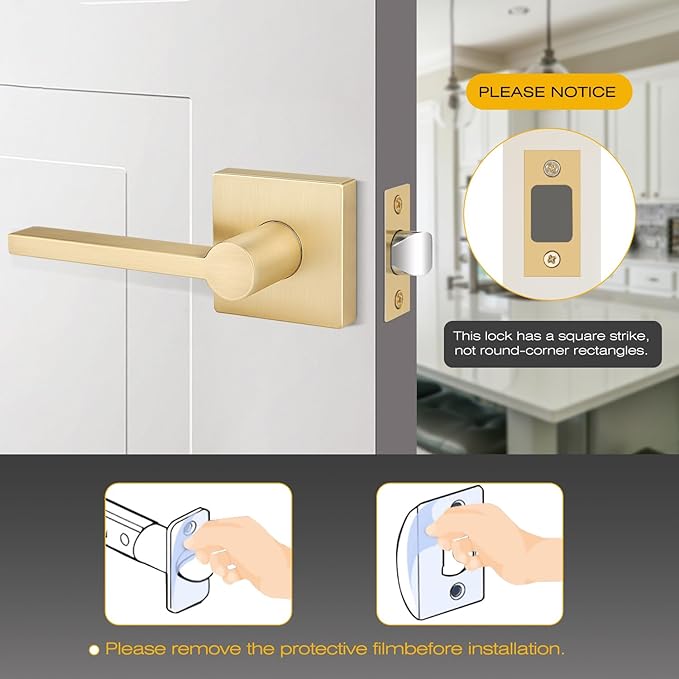 EHOMEWARE 2 Pcs Door Knobs Interior, Passage Door Handle Gold, Modern Closet Door Knobs in Satin Brass Finish, Keyless Door Levers Heavy Duty Door Handle Set, Sleek Door Hardware & Locks