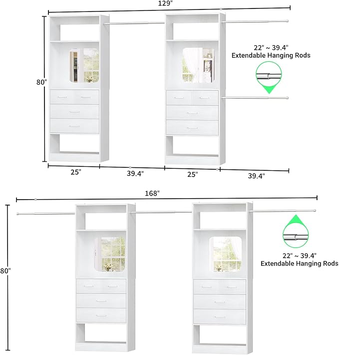 Unikito Closet Systems, 6-14FT Walk in Closet Organizer with 8 Drawers and Mirror, 168" Large Wood Closets Insert with Tower, Sturdy Wardrobe Closets Garment Rack with Extendable Hanging Rods, White