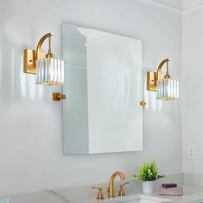 Wall Sconces, Set of 2 Gold Crystal Vanity Lights, Modern Wall Lamp for Bathroom, Hallway, and Makeup, Easy Installation