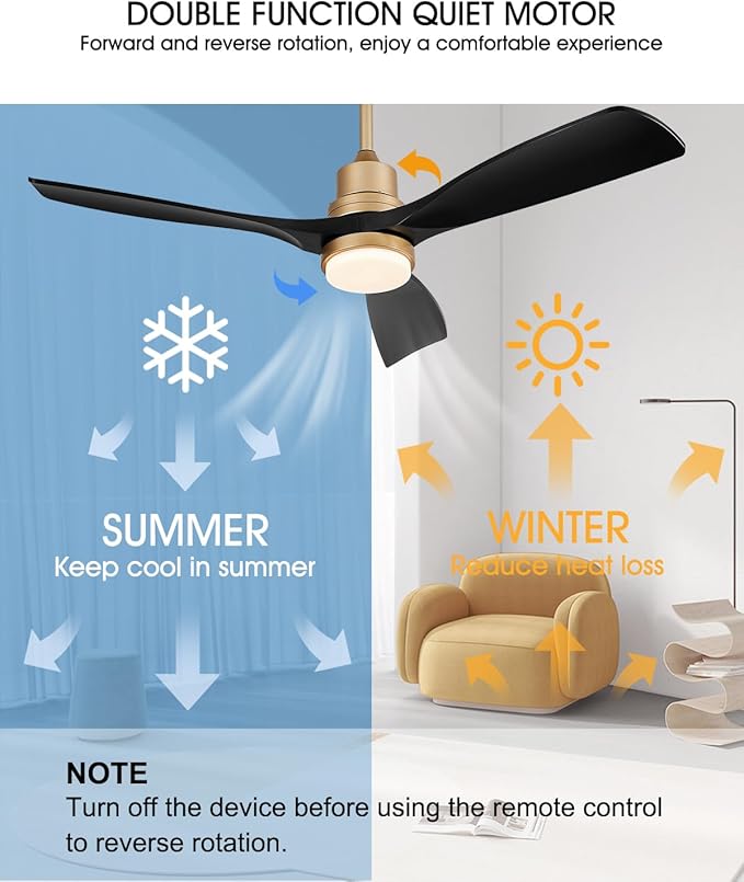 52" Modern Black and Gold Ceiling Fan with Lights and Remote, ETL Listed, 3 Downrods, 3 Wood Blade Gold Black Ceiling Fans, Reversible Quiet DC Motor, 3 Timer for Outdoor Patio Waterproof Bedroom